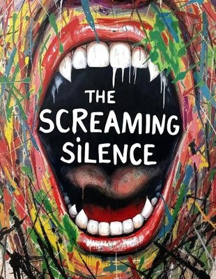 The primary subject of the image is a painting of a mouth with a screaming expression. The mouth is open, and the painting is in black and white. The setting is a colorful background, which contrasts with the black and white mouth. The visual style is a painting, and the colors and mood convey a sense of screaming or yelling.